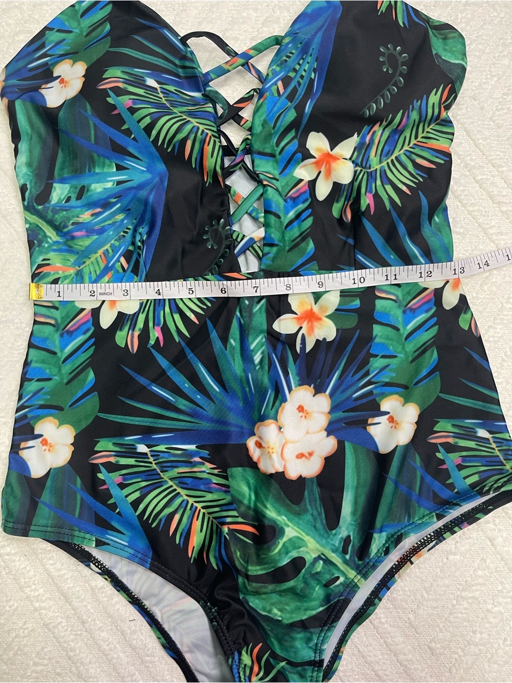 Tropical Floral One-Piece Swimsuit Green/Blue with Lace Up Front Size L - Picture 10 of 12